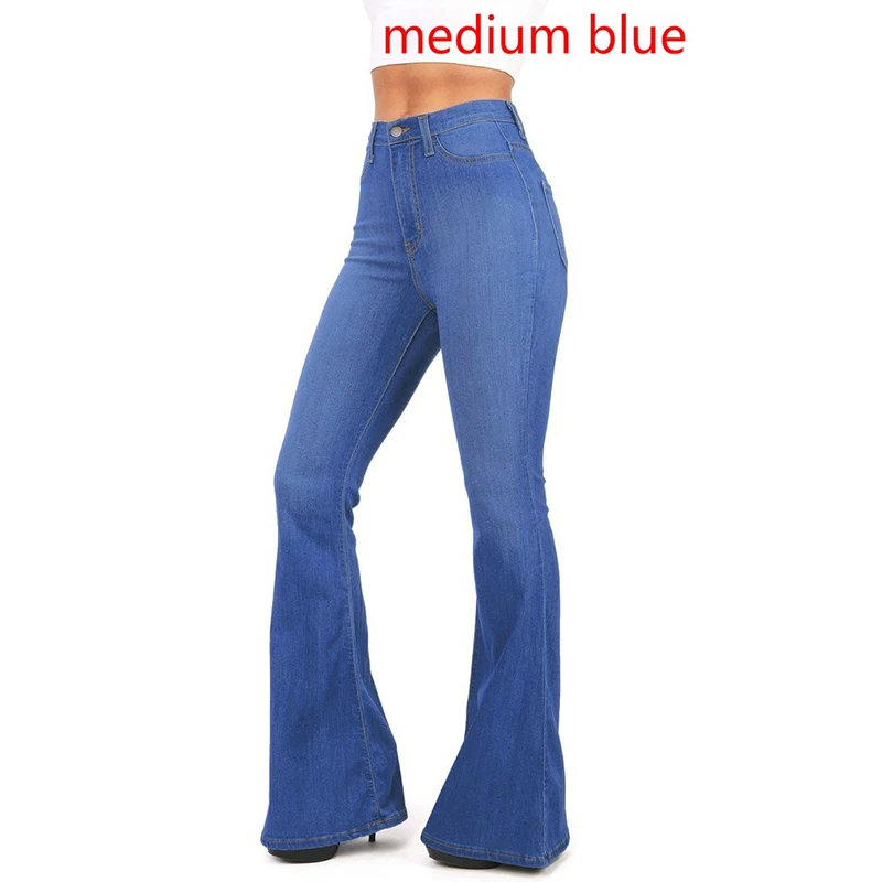 Fashion Blue Black Solid Flare Jeans Pants Women Vintage Denim Ladies