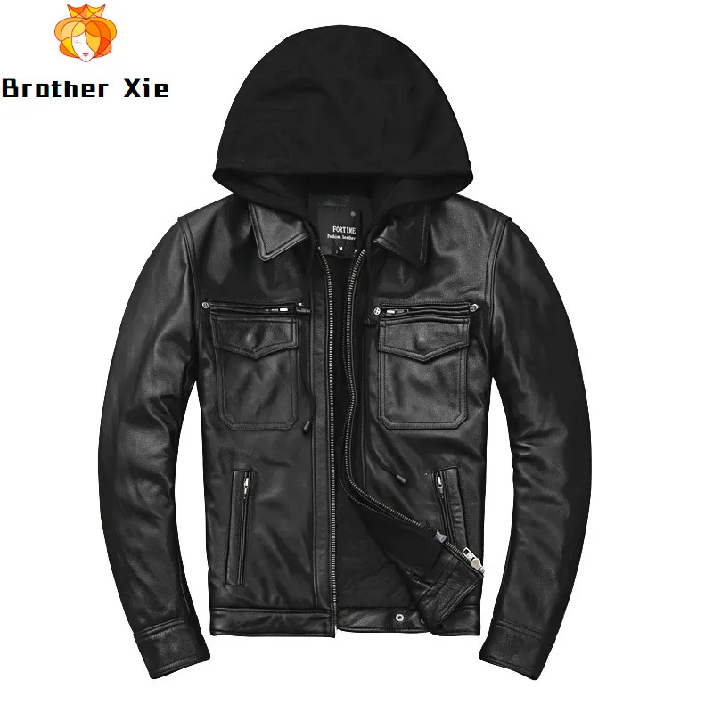 

2020 Men Genuine Cowhide Leather Jacket Hooded Slim Motorcycle Biker Real Leather Jacket for Male R3388