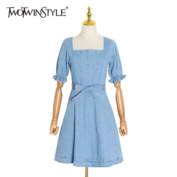 

TWOTWINSTYLE Vintage Lace Up Dress Women Square Collar Short Puff Long Sleeve High Waist Sashes Tunic Mini Dresses Female Tide