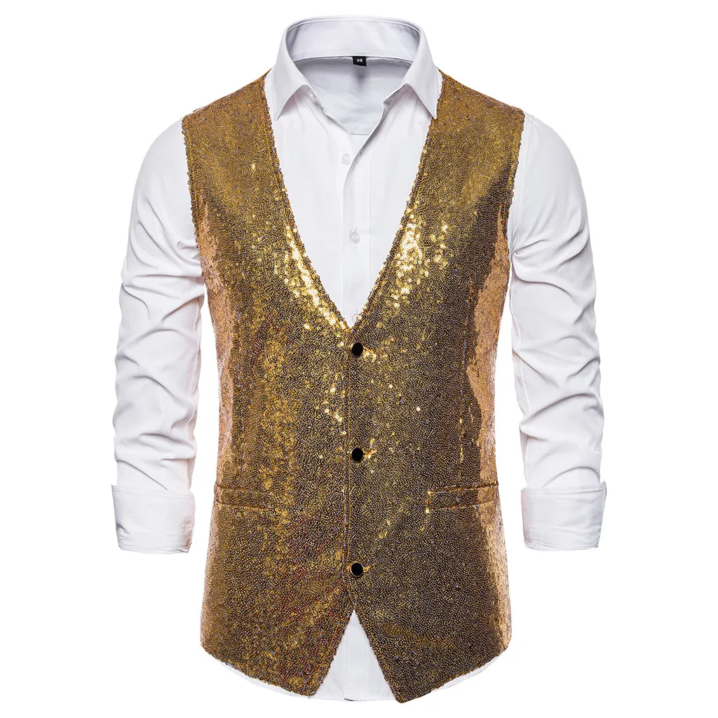 Adisputent Autumn Men Sequin Blazers Vest Gliter Suit Vest Nightclub DJ Stage Shiny Gold Sequin Bling Glitter Vest S-XXL - Цвет: gold