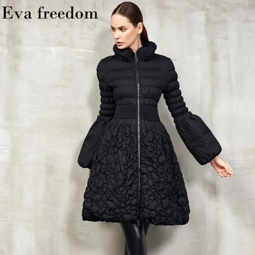 Высокое качество зимнее винтажное Стильное женское длинное пуховое пальто с пышными рукавами и юбкой с вышивкой - Цвет: black