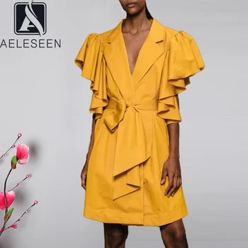 

AELESSEN Runway Fashion Women Dress 2020 Spring Summer Flare Sleeve Yellow Black White Sexy V-Neck Belt Bow Ruffles Mini Drses