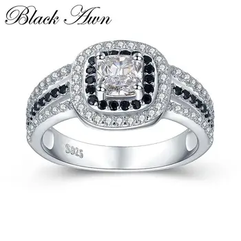 

[SODROV] 3.9g 925 Sterling Silver Jewelry Wedding Rings for Women Black&White Stone Engagement Ring Femme Bijoux Bague C407