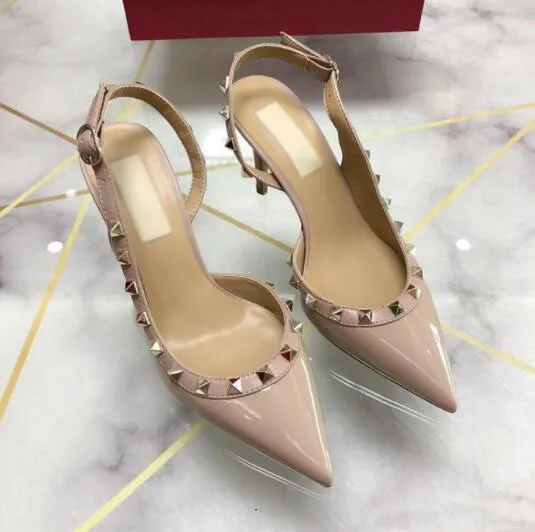 Women Dress Shoes rock Patent High Heels stud Pumps Rivets Real Leather Pointed Toe Wedding Shoes Gift Party Shoes