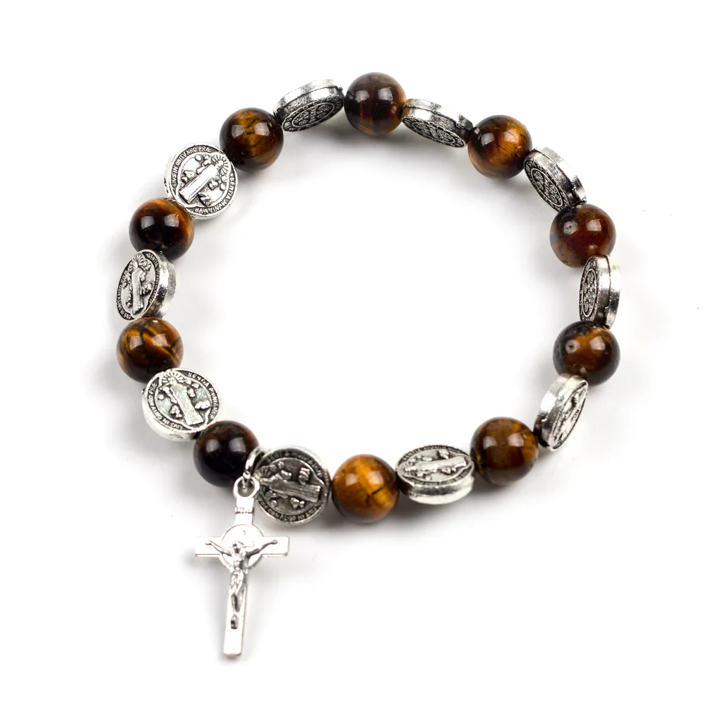 KOMi Tiger Eye Beaded Rosary Bracelets Catholic Religion Zinc Alloy Christ Jesus Cross Pendant Prayer Bracelets Collana R-374