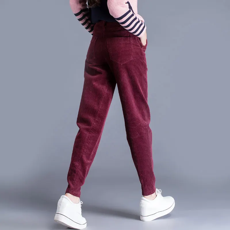 Вельветовые брюки женские осенние с высокой талией шаровары Pantalon Femme размера плюс повседневные брюки женские черные серые брюки C5759 - Цвет: wine red long pants