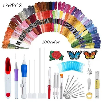 

Color Random 136 Pcs/set Embroidery DIY Kit Embroidery Sticker Cotton Thread Thread Remover Needles Scissors Set