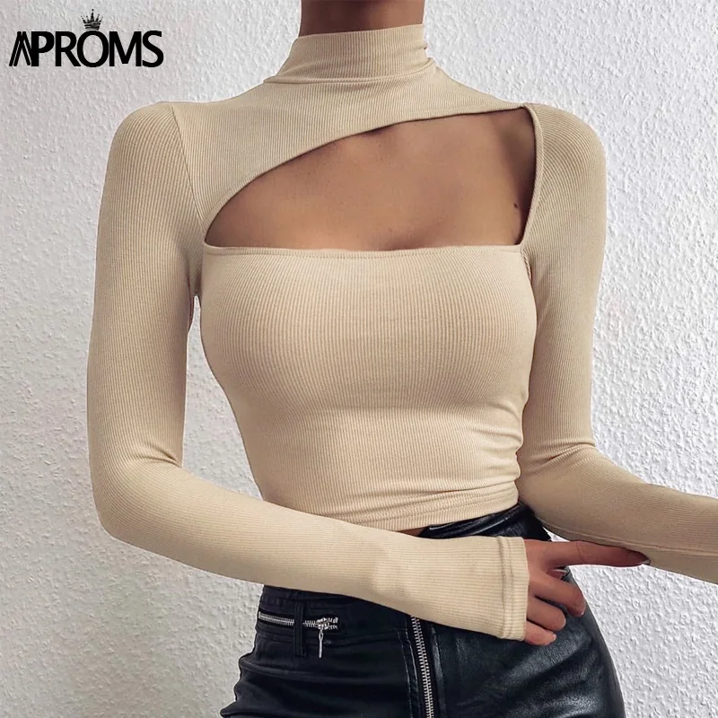 

Aproms Elegant Solid Color High Neck Ribbed Knitted T-shirt Women Autumn 2020 Sexy Cut-Out Long Sleeve Crop Top Female Black Tee