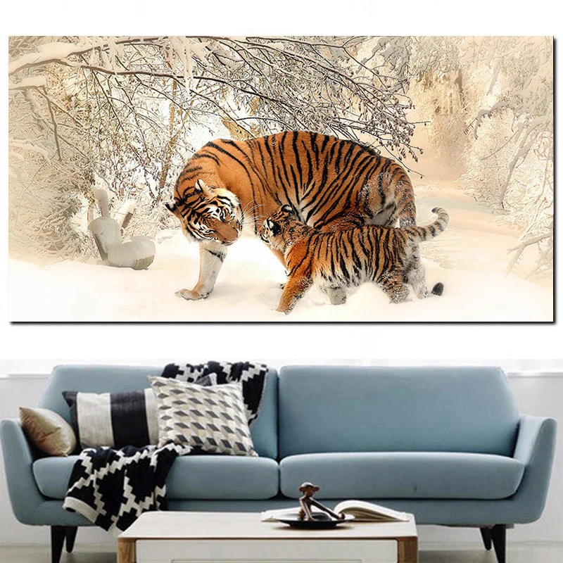 

Modern Animals Mammals Siberian Tiger and Her Baby Winter Snow Posters and Prints Wall Art Canvas Painting for Living Room