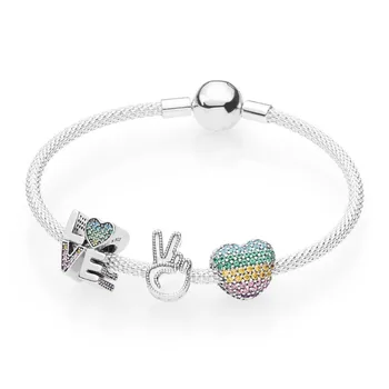 

S925 sterling Silver Mesh Woven bracelets Original Pan LOVE THE RAINBOW BRACELET SET Women Love Charm Beads Jewelry Gift