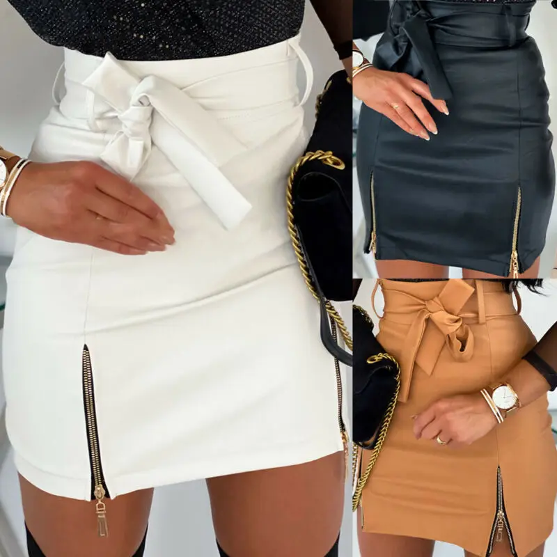 

New arrival 2020 Fashion Sexy High waist PU leather Women Skirts Sashes Zipper Pencil Mini skirt Autumn Winter White Black skirt