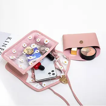 

2020 Fashion Women Transparent Daisy Pattern Shoulder Bag Hardware Chain Strap Color Block Messenger Handbag Composite Tote