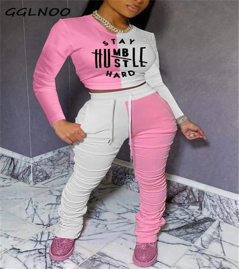 

GGLNOO Long Sleeve Tops Stacked Ruched Pants Set Patchwork Letter Print Tracksuit Two Piece Outfit Active Sweatsuit GG22855