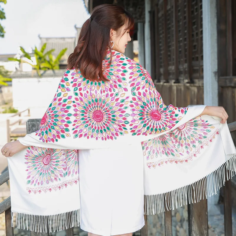

Embroidered Shawl Ethnic-Style Nepal Faux yang rong jin Sunflower Embroidery Women's Travel Scarf 2018 New Style