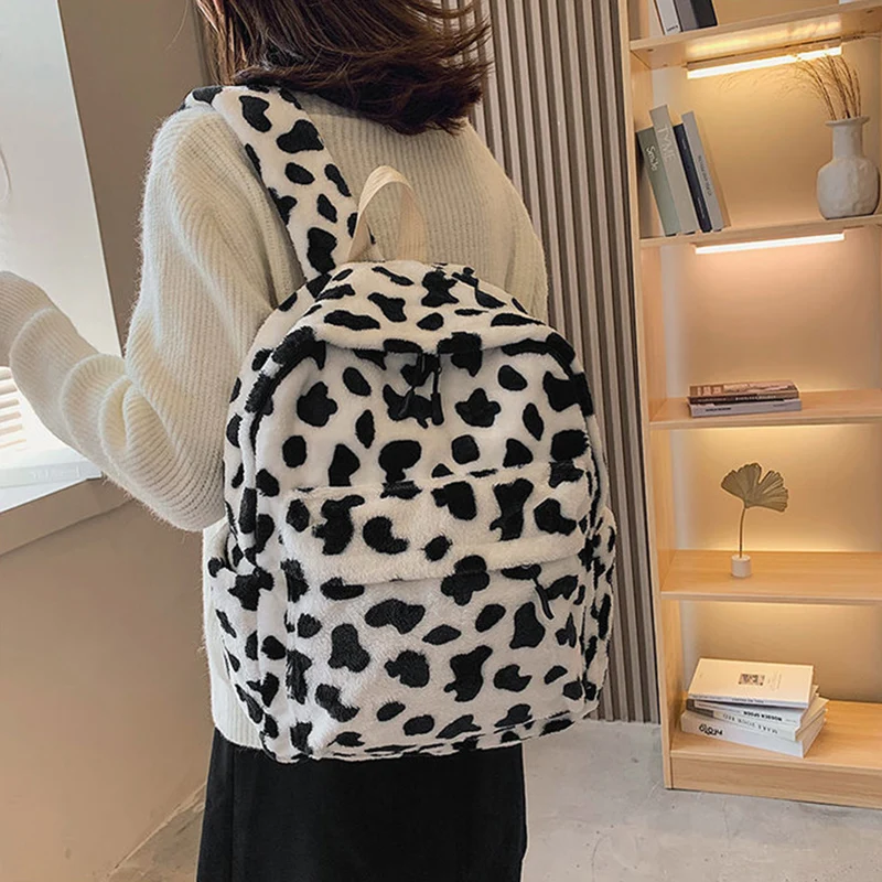 Winter Fashion Plush Backpack Shoulder Bags For Women Cute Cow