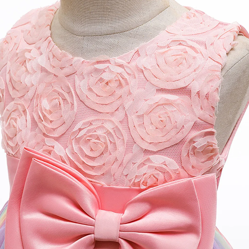 Детское платье принцессы без рукавов с цветочным рисунком для девочек; пышное платье подружки невесты; элегантное платье с бантом для дня рождения, свадьбы, вечеринки; одежда