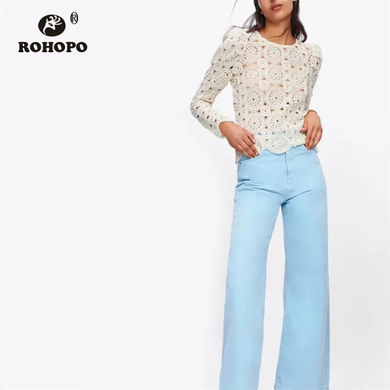 

ROHOPO Round Collar Long Sleeve Dobby White Knitted Blouse Hollow Out Jacquard Elegant Ladies Slim Tops Solid Blusa #9388