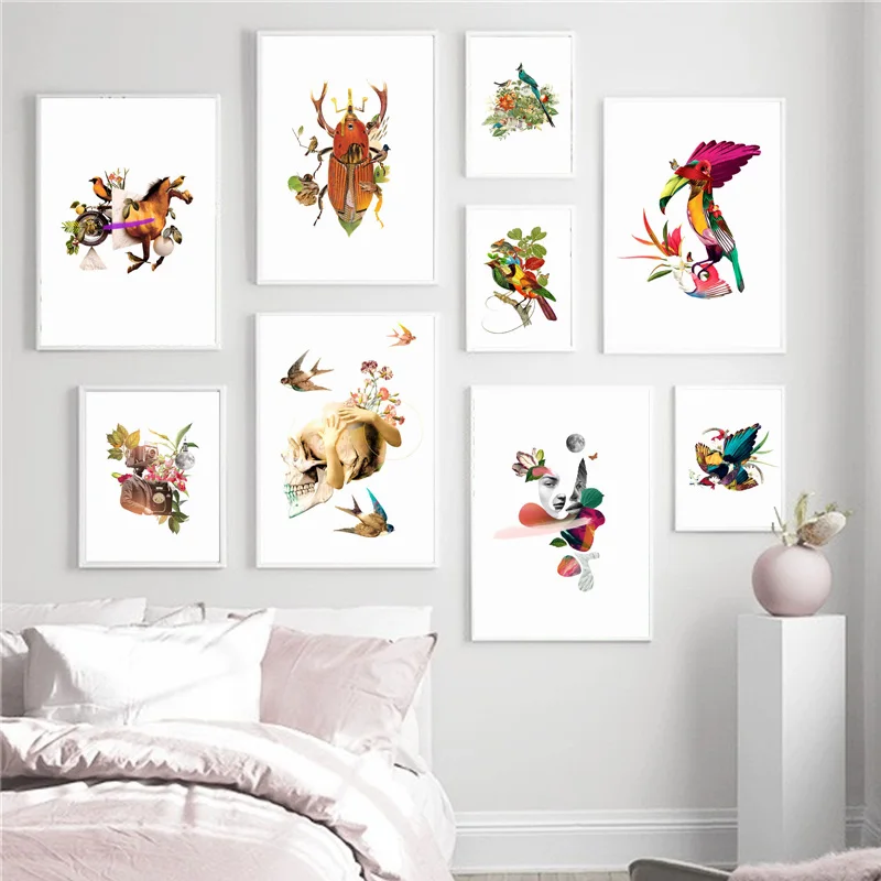 Animal Parrot Bird Plant Leaf Figure Head Nordic Posters And Prints Wall Art Canvas Painting Pictures For Living Room Decor | Дом и сад