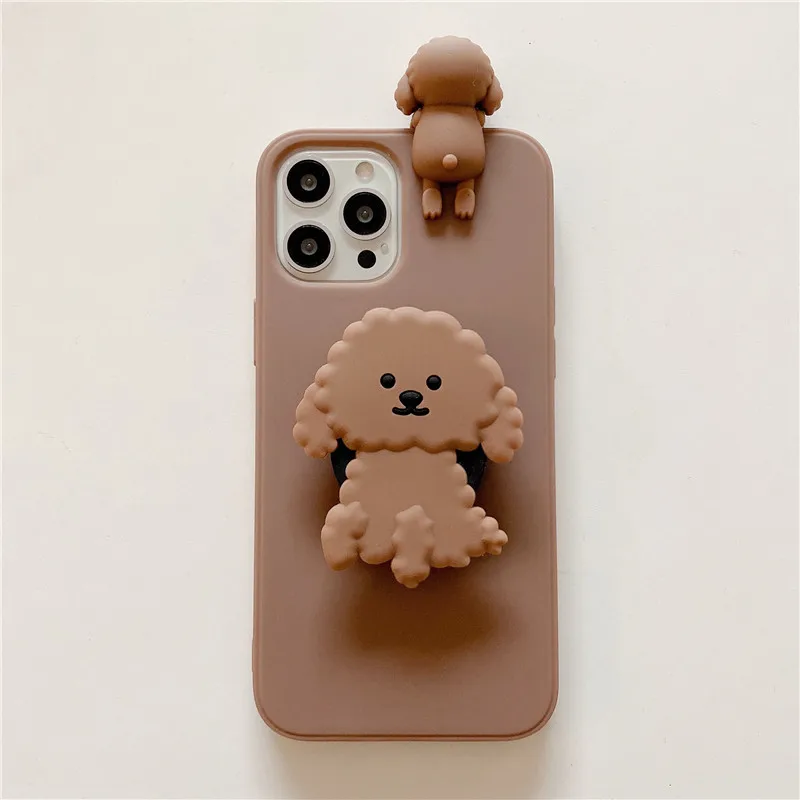Super cute Cartoon 3D Teddy dog Dinosaur stand holder soft  case for iphone 12 Pro MAX 11 7 8 XS XR 13 plus lovely unicorn cover iphone 13 pro phone case