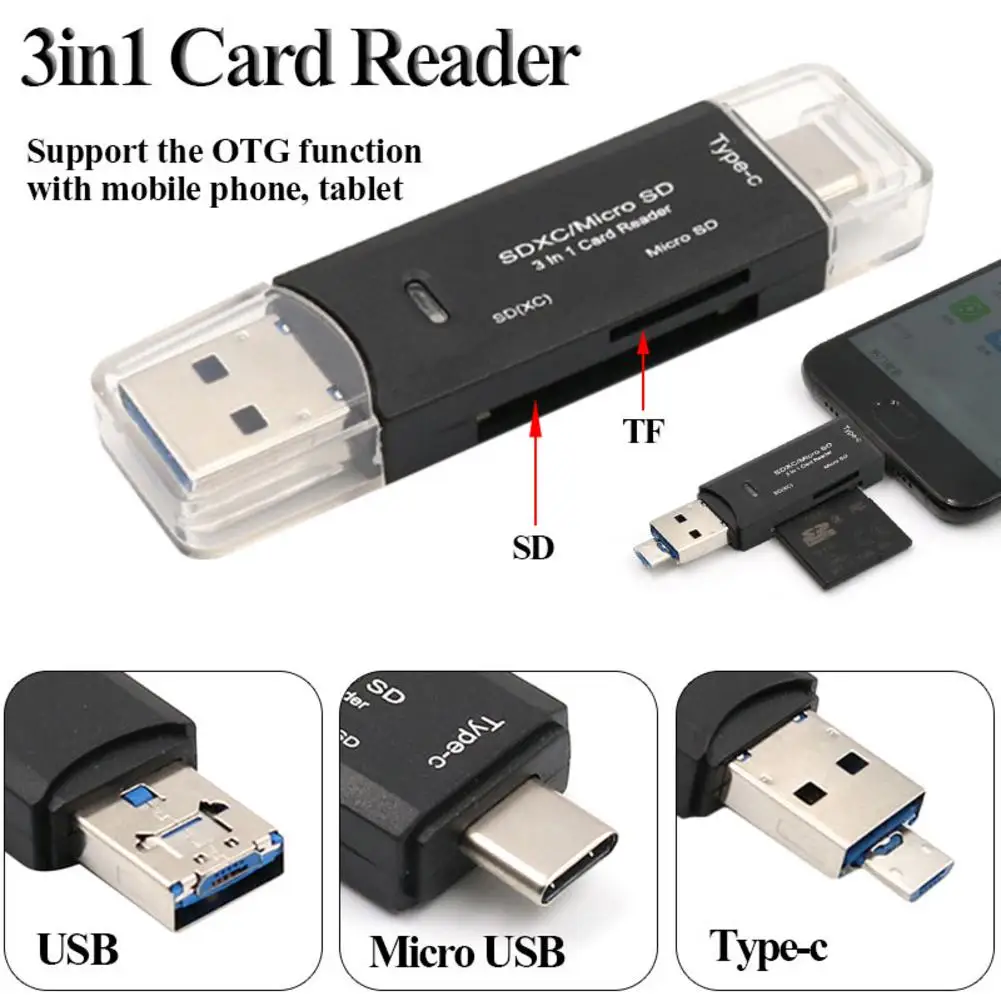 3in1 USB adaptador de lector de tarjetas USB tipo C a Micro SD TF adaptador inteligente de memoria lector de tarjetas para accesorios para portátil