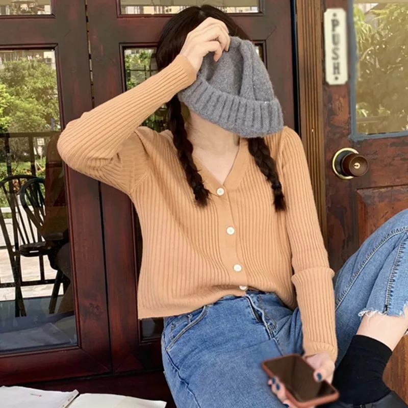 

Women Sweaters Knitted Cardigan Solid Color Single-breasted Loose Casual V-Neck Long Sleeve Button Tops