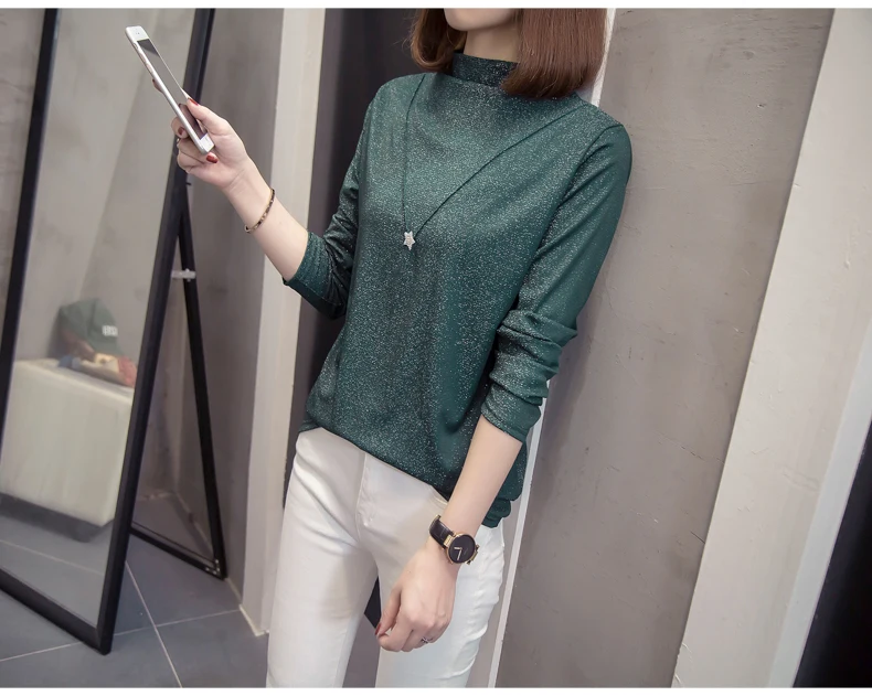 Plus Size Bright Silk Tops Tee Shirts Women 2020 Autumn Trendy Turtleneck Long Sleeve Office Lady Basic T-shirts Oversize Tshirt
