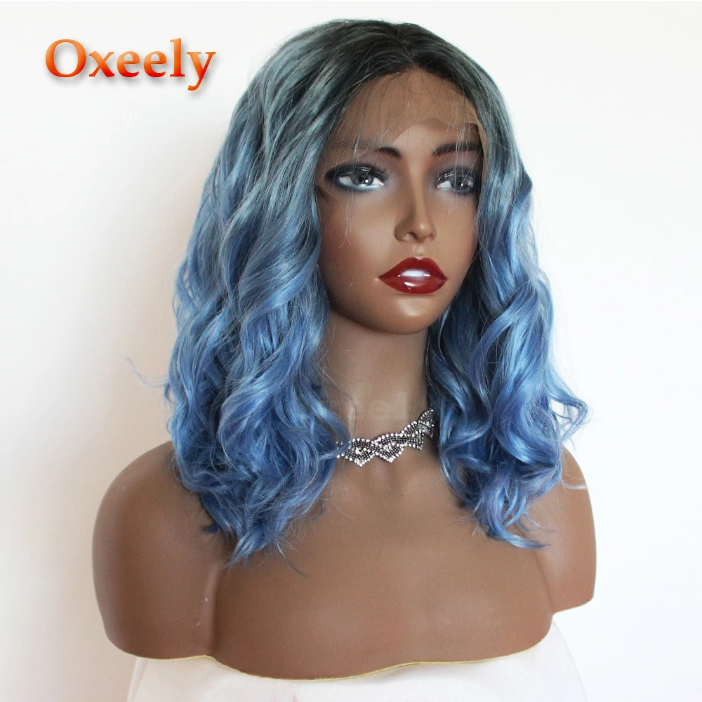 

Oxeely Ombre Blue Color Short Hair BOB Synthetic Lace Front Wigs Loose Wave Natural Hairline Synthetic Lace Wig for Women
