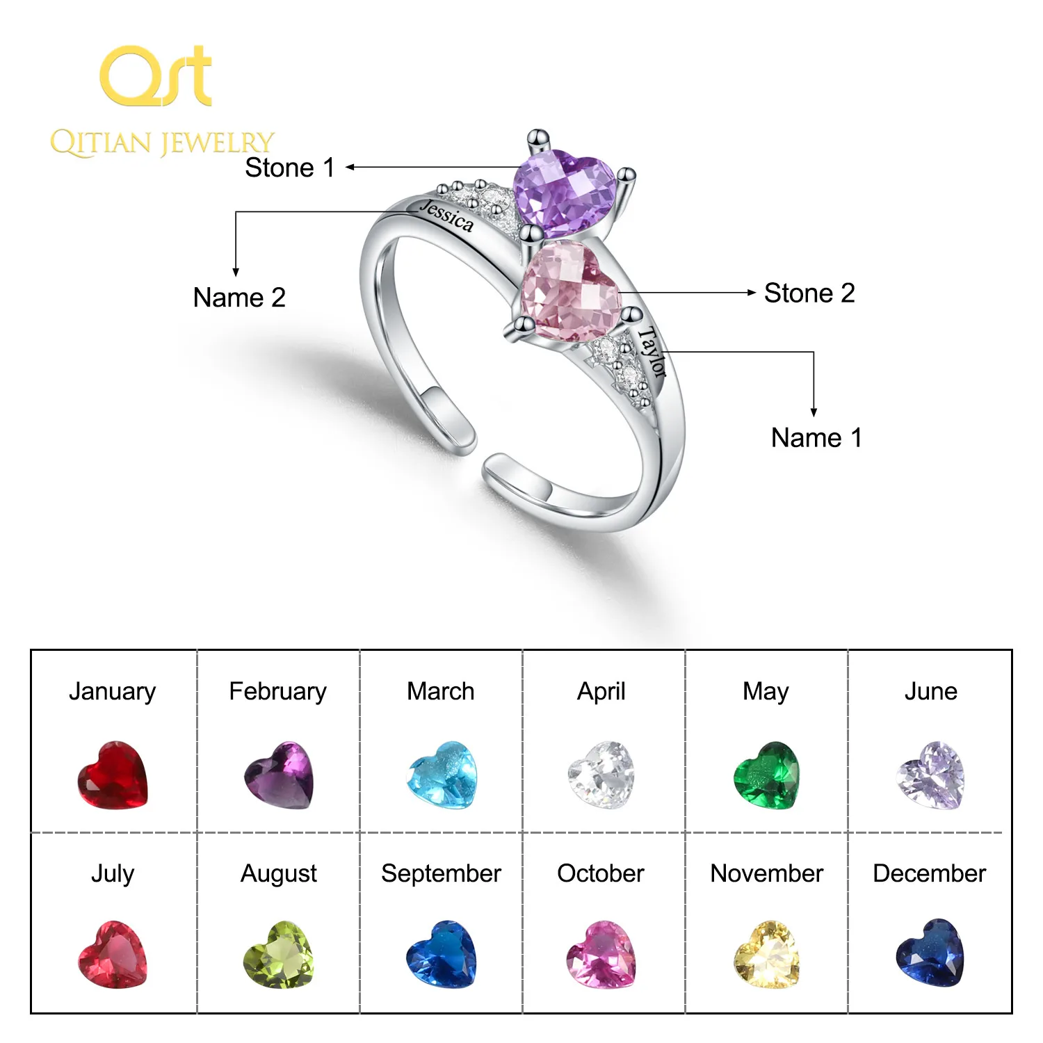 QITIAN-Anillos personalizados de cobre con nombre grabado para mujer, color plateado, personalizado, 3 piedras de nacimiento de corazón, regalos del anillo de boda para mamá