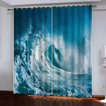 

Custom any size photo blue curtains waves curtain Luxury Blackout 3D Window Curtains For Living Room Bedroom