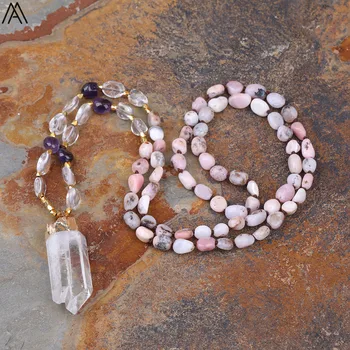 

Natural Freeform White Quartz Point Pendant 108 Prayer Beads Pink Opal Chip Beads Knot Handmade Yoga Necklace Meditation Jewelry