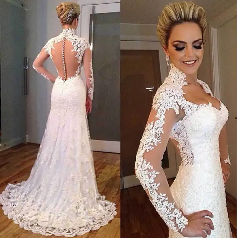 Vestido De Noiva, сексуальное платье с длинным рукавом, прозрачное, кружевное, бисерная аппликация, узкое платье для невесты, платья для матери невесты