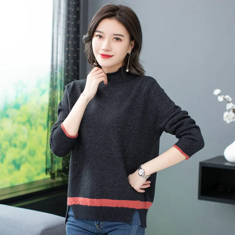 

Woman Elegant Pullover Sweater Turtleneck Textured Knitted Tops Blue Red Camel Black Plain Knitwear Pullover Sweaters Autumn