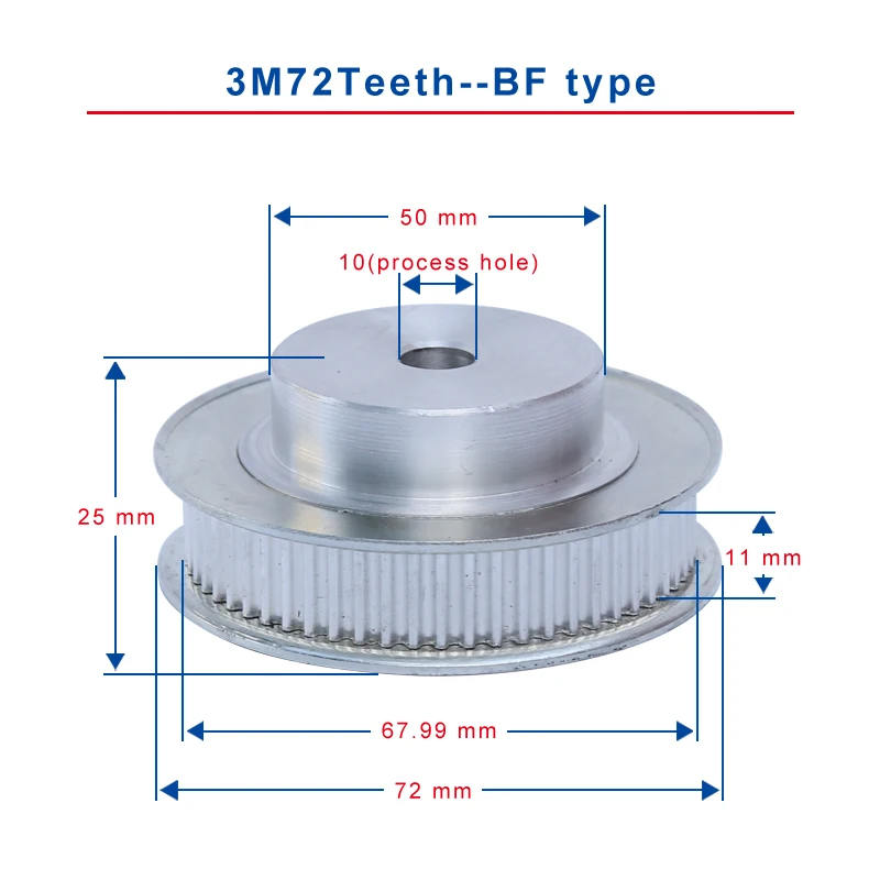 

Timing Pulley 3M72 Teeth BF type teeth pitch 3 mm process hole diameter 10mm slot width 11mm suitable for 10 mm timing belt