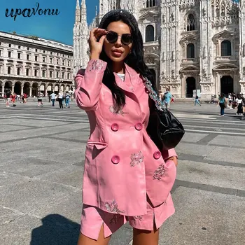 

UpAvonu 2020 New Elegant Women's PU Leather Coat Jacket Lapel Double Breasted Slim Long Embroidered Flower Coat Jacket