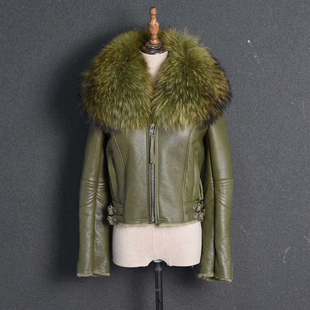 Новое Женское пальто из натуральной кожи, пальто с подкладкой из натурального меха, модная Толстая теплая байкерская куртка с воротником из меха енота, S7009 - Цвет: Khaki Green
