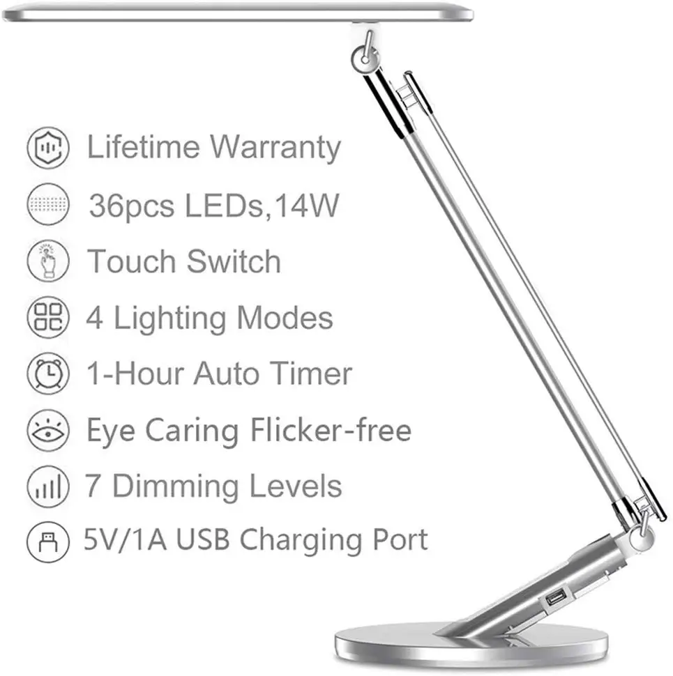  Desk Lamp 36pcs LEDs 14W 7Dimming Levels Table Lamps With 4 Lighting Modes 1-Hour Auto Timer USB Ch - 4000371035833