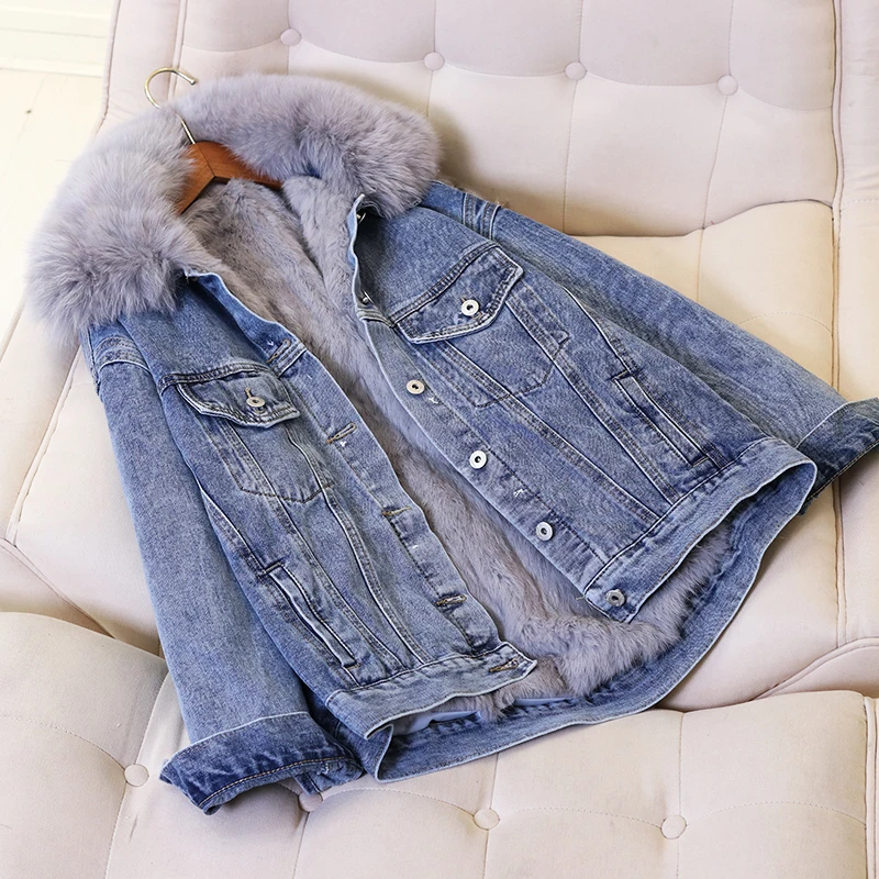 Зимнее пальто для женщин, новая джинсовая куртка с натуральным кроличьим мехом, женская теплая джинсовая куртка с воротником из лисьего меха, верхняя одежда, свободные женские куртки