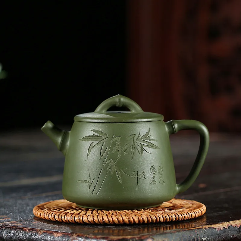 

Yixing Dark-red Enameled Pottery Teapot Famous Manual Green Mud Bamboo Section High Stone Drum Teapot Hand Lettering Fund