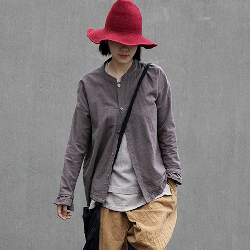 

Johnature New Simple Solid Color Stand Patchwork Cuff Button Shirt 2019 Autumn Cotton Linen Long Sleeve Comfortable Women Shirts