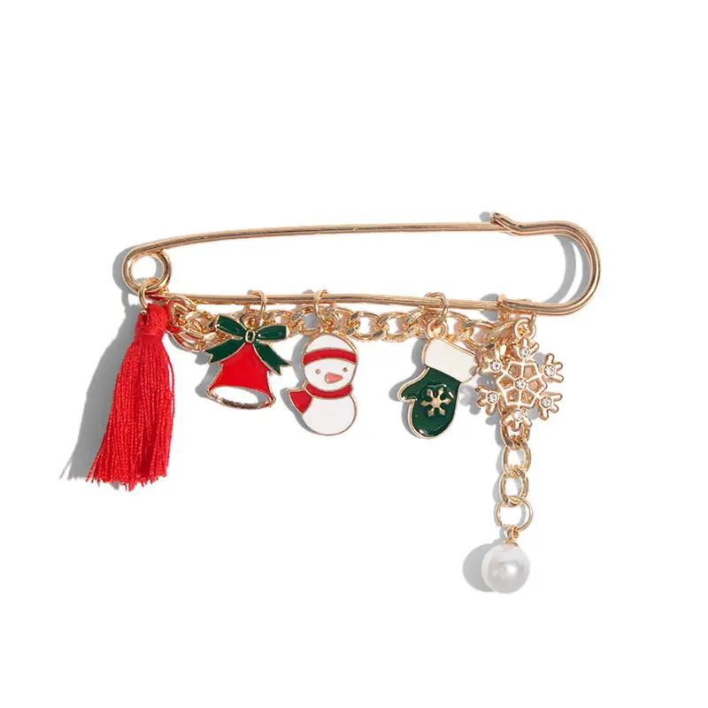Flatfoosie Christmas Gift Brooch Santa Claus Christmas Tree Socks Cute Deer Women Pins Tassel Pearl Brooches New Year Party - Окраска металла: 5