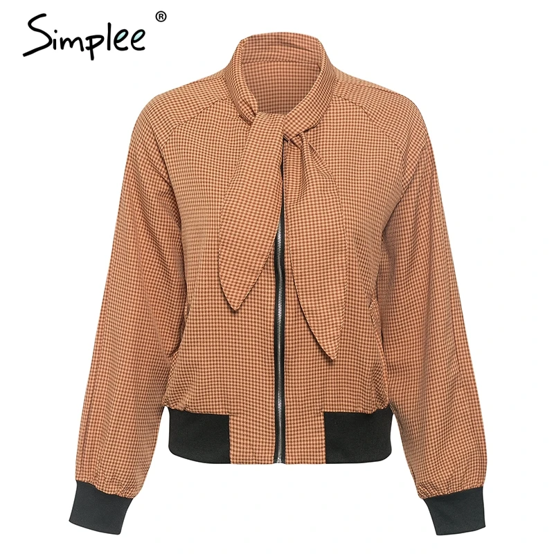 Greatest Simplee Plaid bow tie women jacket coat Long sleeve zipper basic ladies jacket bomber Casual motorc