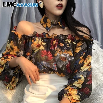 

LMCAVASUN New Sexy Slash Neck Off Shoulder Blouse Women 2020 Spring Summer Flower Shirts Long Sleeve Blusas Vintage Lady Tops