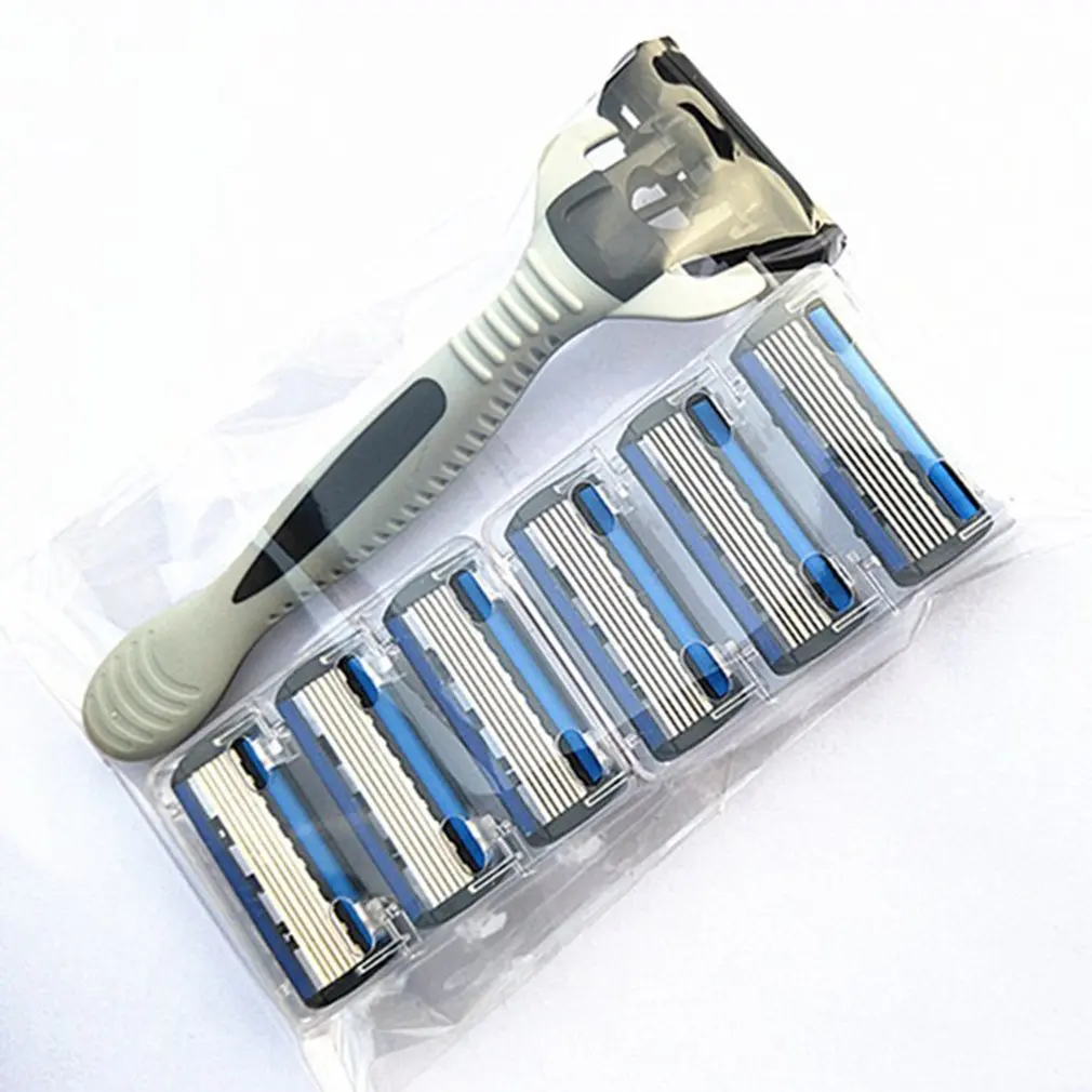 6-Layers Shaver Razor 1 Razor Holder+ 7 Blades Head Cassette Shaving Razor Set Blue Body Face Hair Removal Knife Women Men