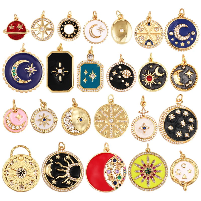 Sun Moon Star Celestial Charm Pendant Real Gold Plated Cubic Zirconia CZ Paved Jewelry Necklace Bracelet Accessories Supplies | Украшения и
