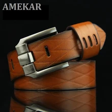 

Luxury Retro Genuine Cow Leather Men 's Belts Pin Buckle 3.8 Width Strap For Men Male High Quality Plaid