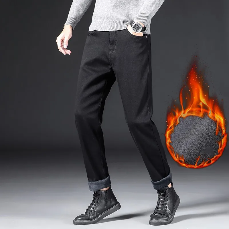 2021 Thicken Warm Regular Fit Stretch  ƮƮ   귣 Winter Mens Fleece Black Jeans Ͻ ĳ־
