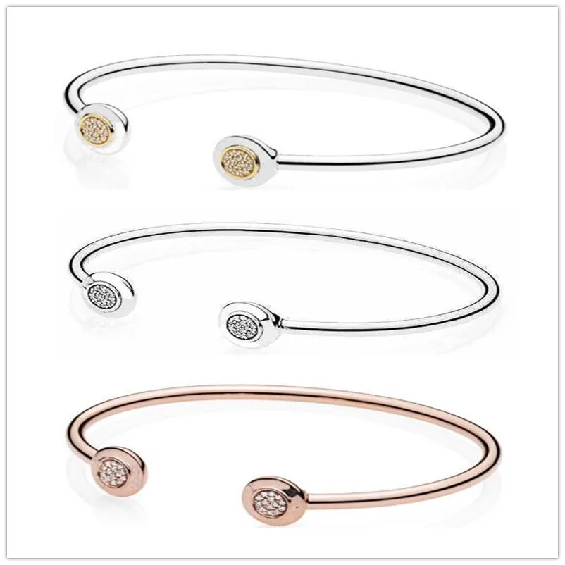 

925 Sterling Silver Bangle Gold Color Signature With Crystal Open Bracelet Fit Women Bead Charm DIY Fashion Jewelry