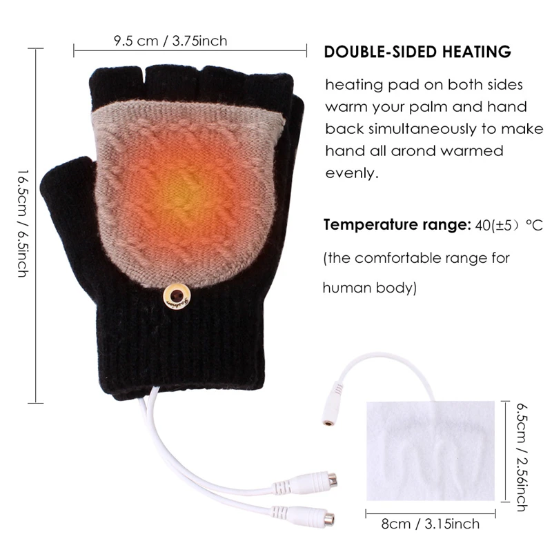 USB Heated Gloves Wool Knit Thickened Stretch Half Finger Flip Cover Foldable Mittens Warm Battery Powered Heating Unisex Gloves