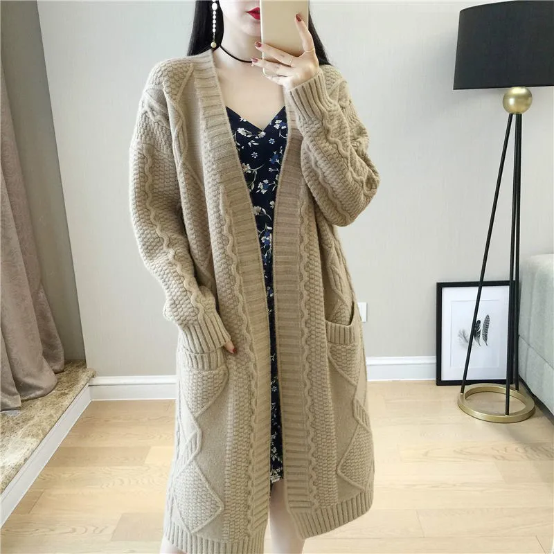 khaki Neploe Twist Medium-long Sweater Cardigan Long Sleeve V-neck Pull Jumpers Autumn Winter Warm Knit Open Stitch Jacket 54652 - Цвет: khaki