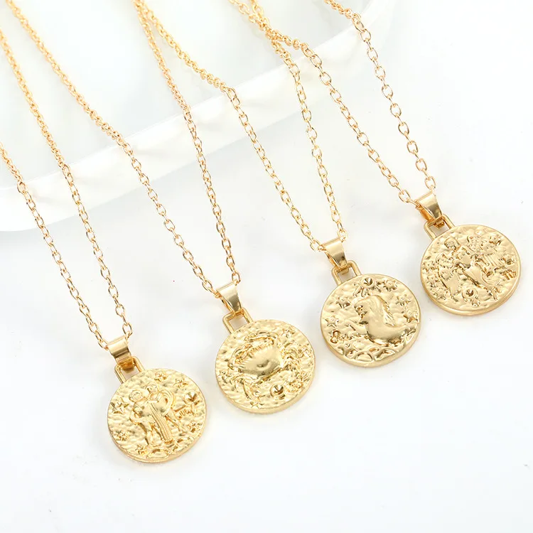 

Zodiac Necklace Jewelry wiht Gold Color Zodiac Sign Gold Disk Coin Pendant Necklace Constellation Necklace for Women Men